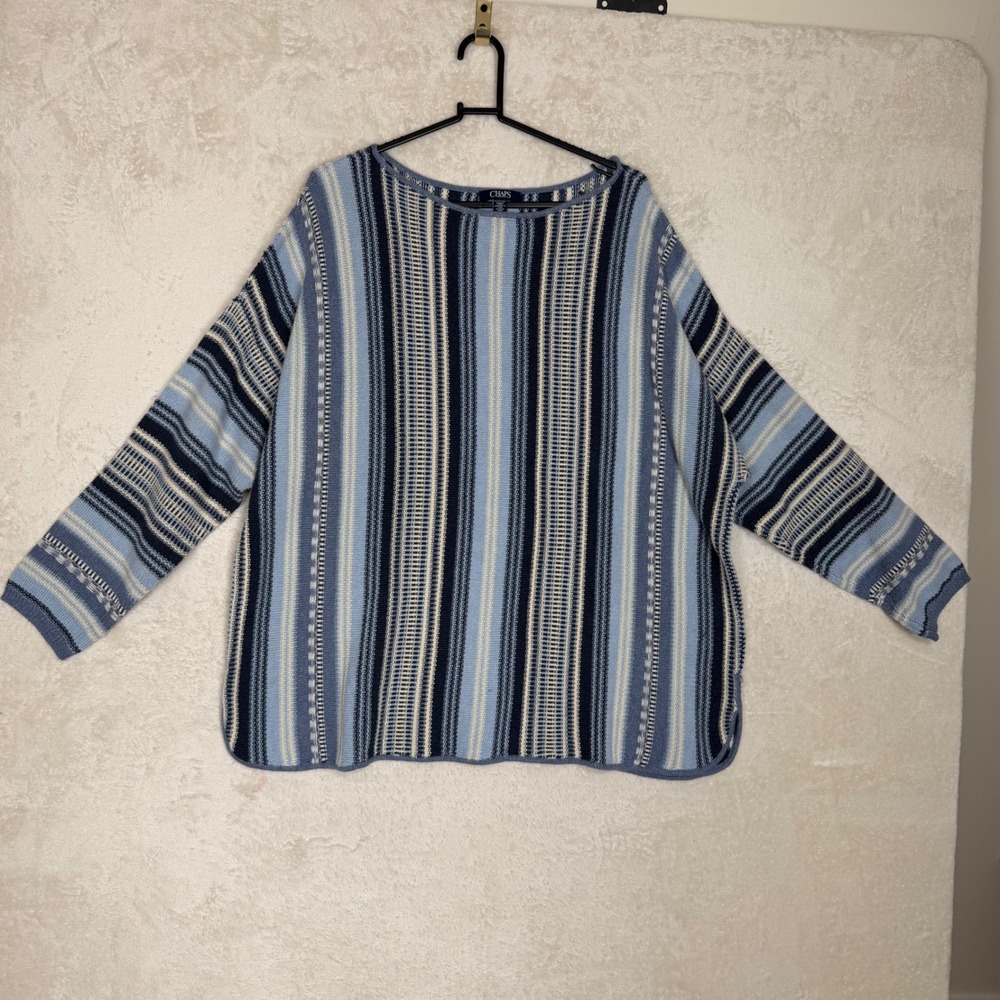 Chaps Womens 2X Blue Striped Boat Neck Cotton Blend Knit Sweater Top Long Sleeve